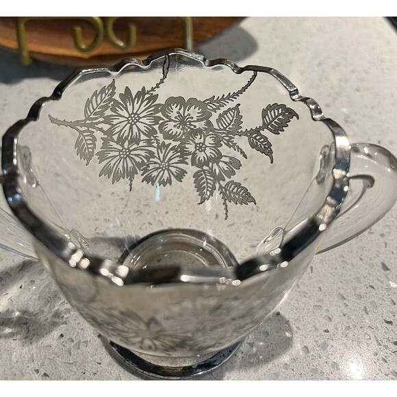 Vtg Clear Glass W Silver Overlay Floral Design Cream And Sugar Set. Grannycore - Picture 7 of 8